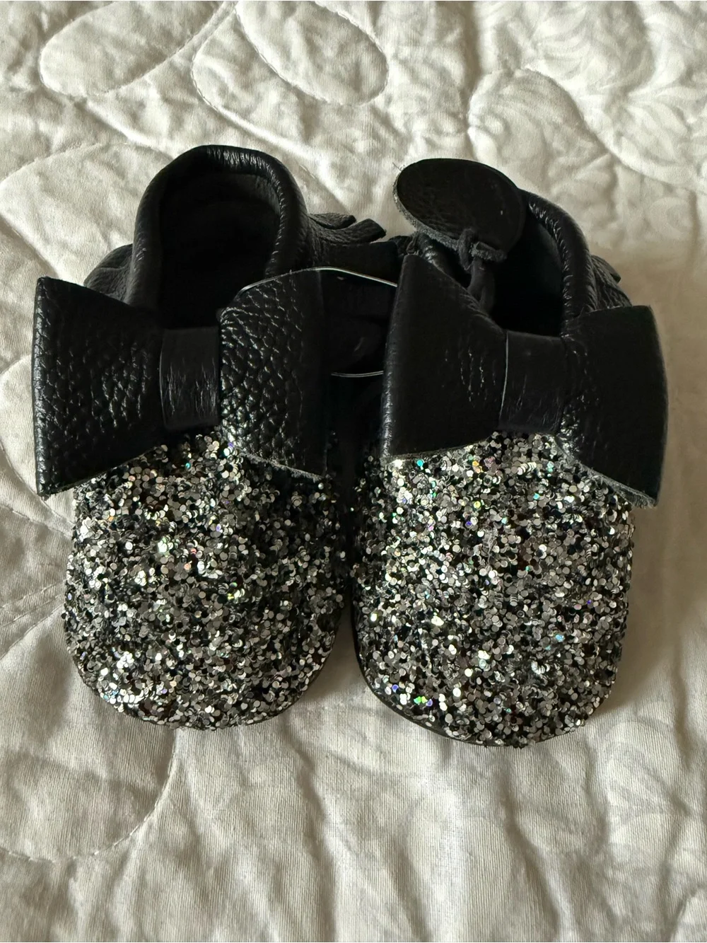 Handmade Black Leather with Glitter Bow Moccasin Booties